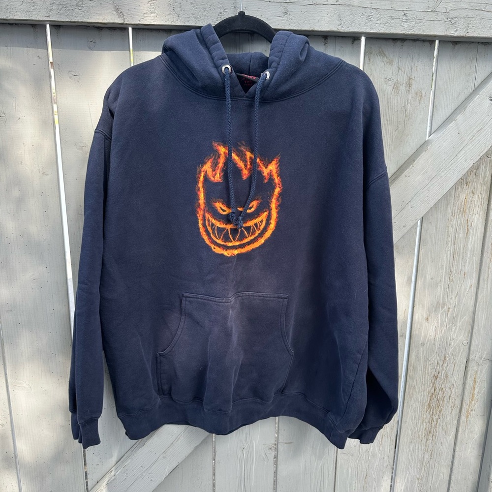 Vintage Spitfire Wheels Dark Blue Hoodie with Fiery Orange Graphic